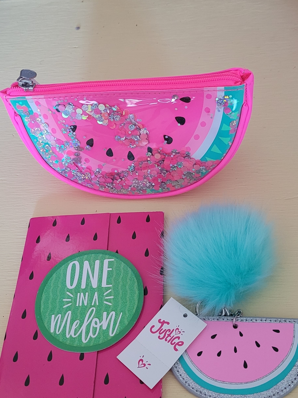 Justice Pink Watermelon Glitter Zip Pouch with Teal Pom Pom Charm